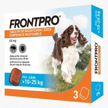 Antiparazitar caini impotriva puricilor si a capuselor, sub forma de comprimat, FrontPro L 68 mg, pentru caini intre 10-25 kg, 1 tableta