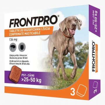 Antiparazitar caini impotriva puricilor si a capuselor, sub forma de comprimat, FrontPro XL 136 mg, pentru caini intre 25-50 kg, 1 tableta