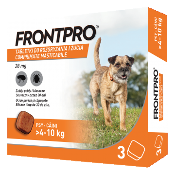 Comprimate masticabile antiparazitare caini, Frontpro M, 28 mg, >4-10 kg, 3 buc/ cutie