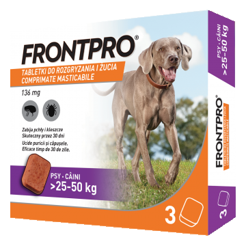 Comprimate masticabile antiparazitare caini, Frontpro XL, 136 mg, >25-50 kg, 3 buc/ cutie