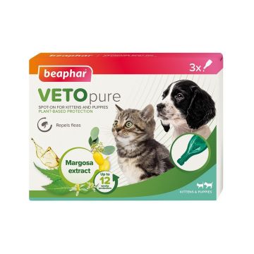 Pipete Antiparazitare Beaphar Vetopure Spot On Kitten/ Puppy, 3 buc Pipete Antiparazitare Beaphar Vetopure Spot On Kitten/ Puppy, 3 buc
